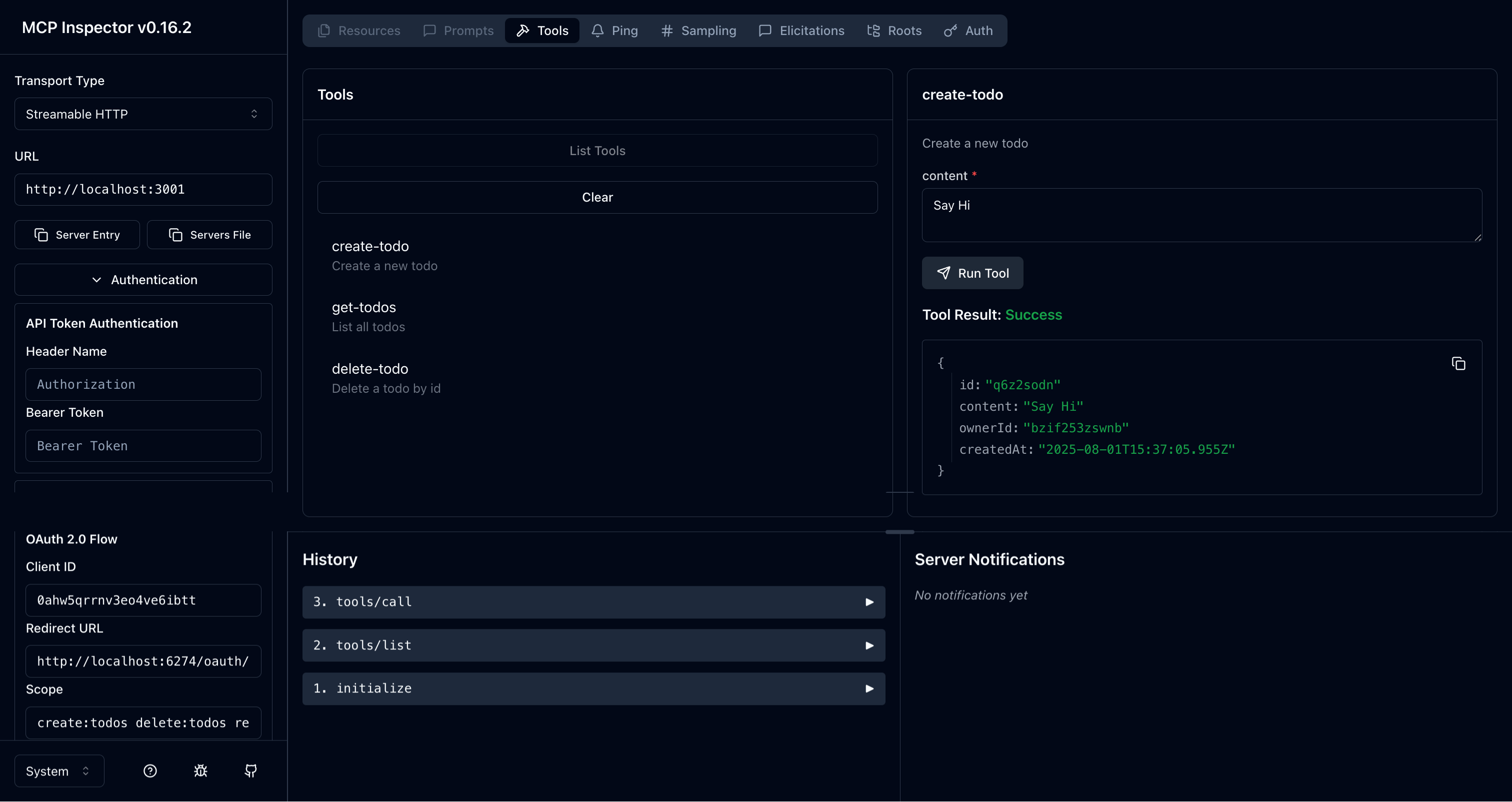 MCP Inspector Todo-Manager-Tool-Ergebnis