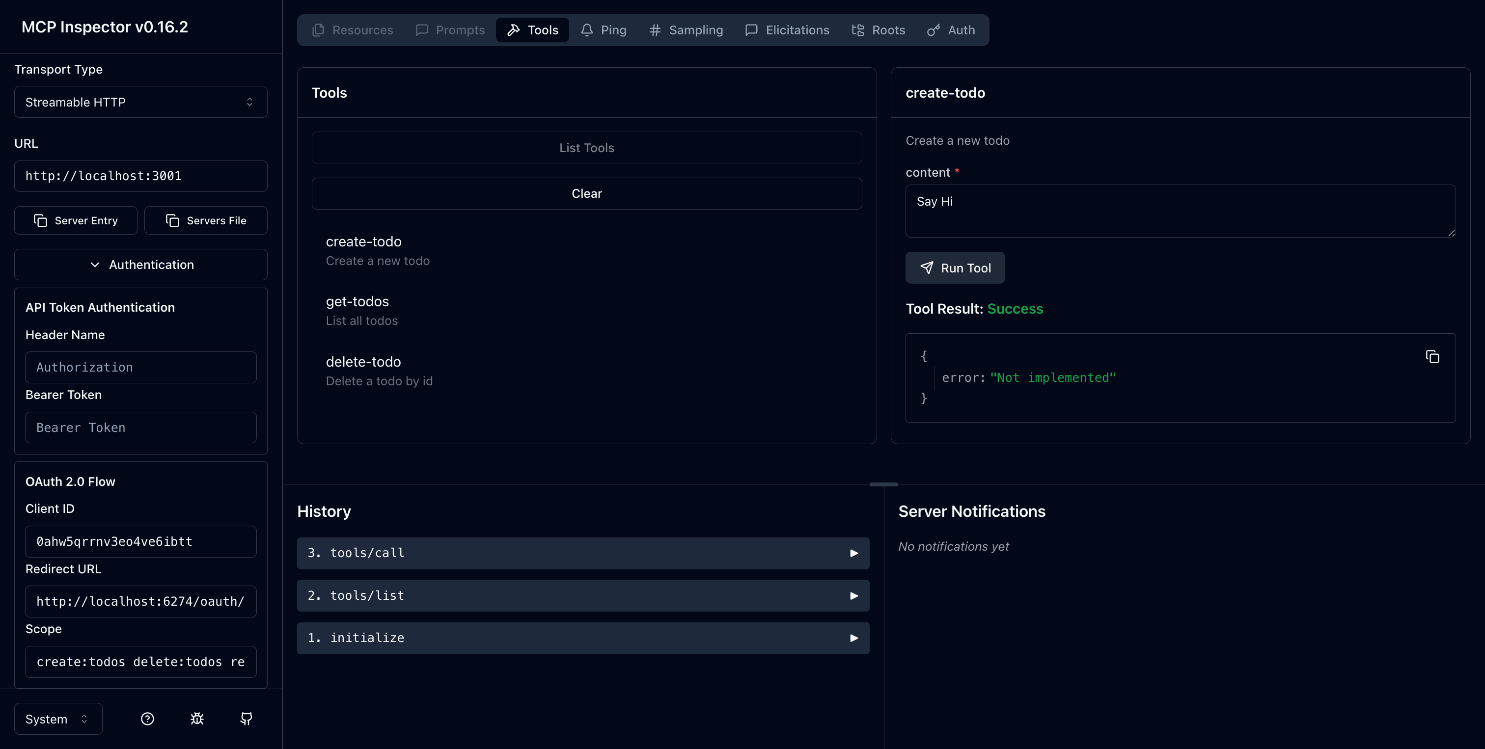 Premier lancement du MCP inspector