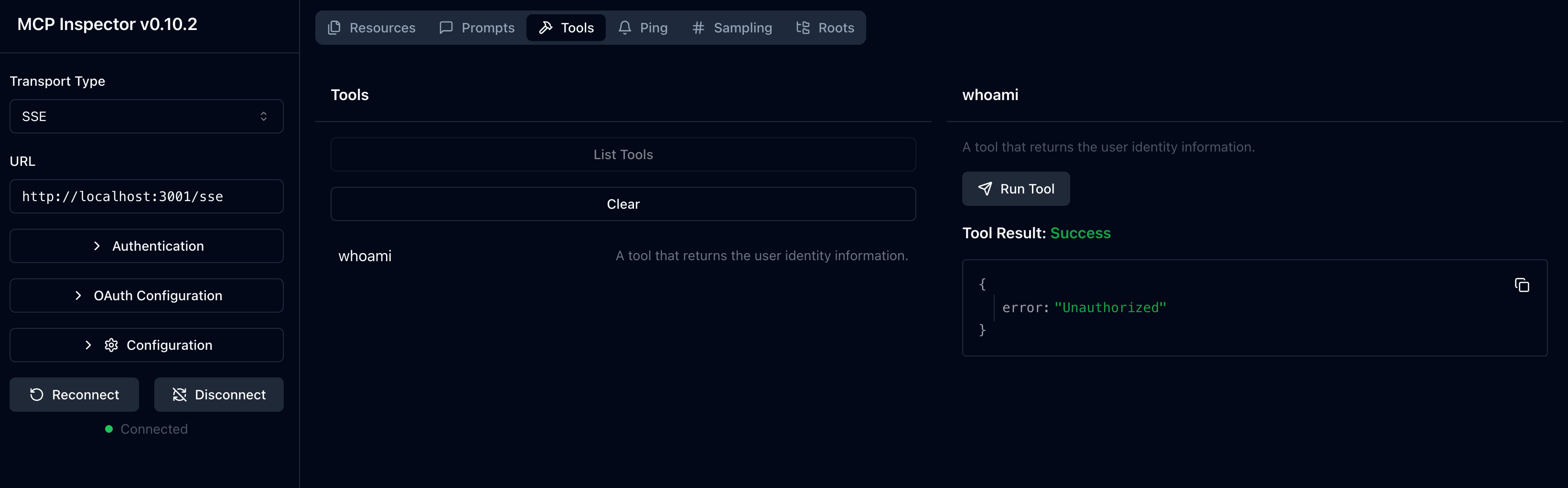 Primeira execução do MCP inspector